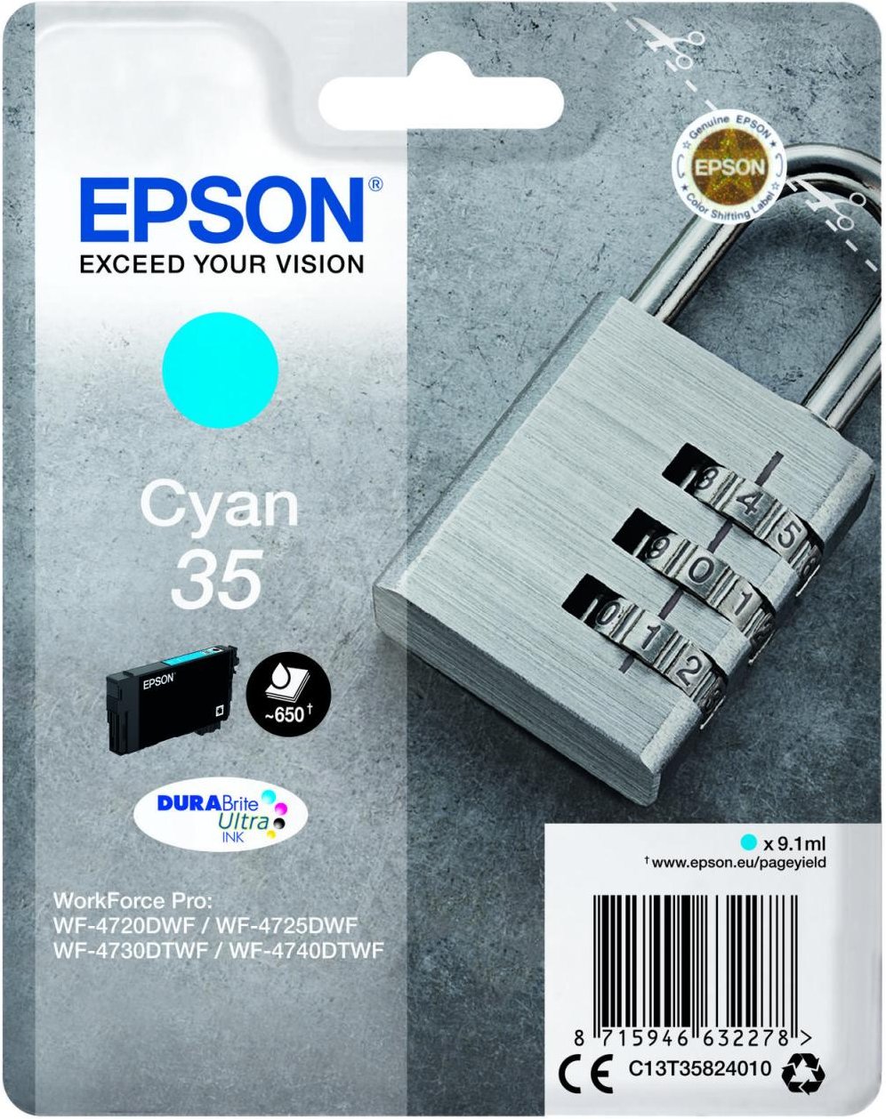 Epson Original 35 Schloss Druckerpatrone cyan 650 Seiten 9,1ml (C13T35824010)