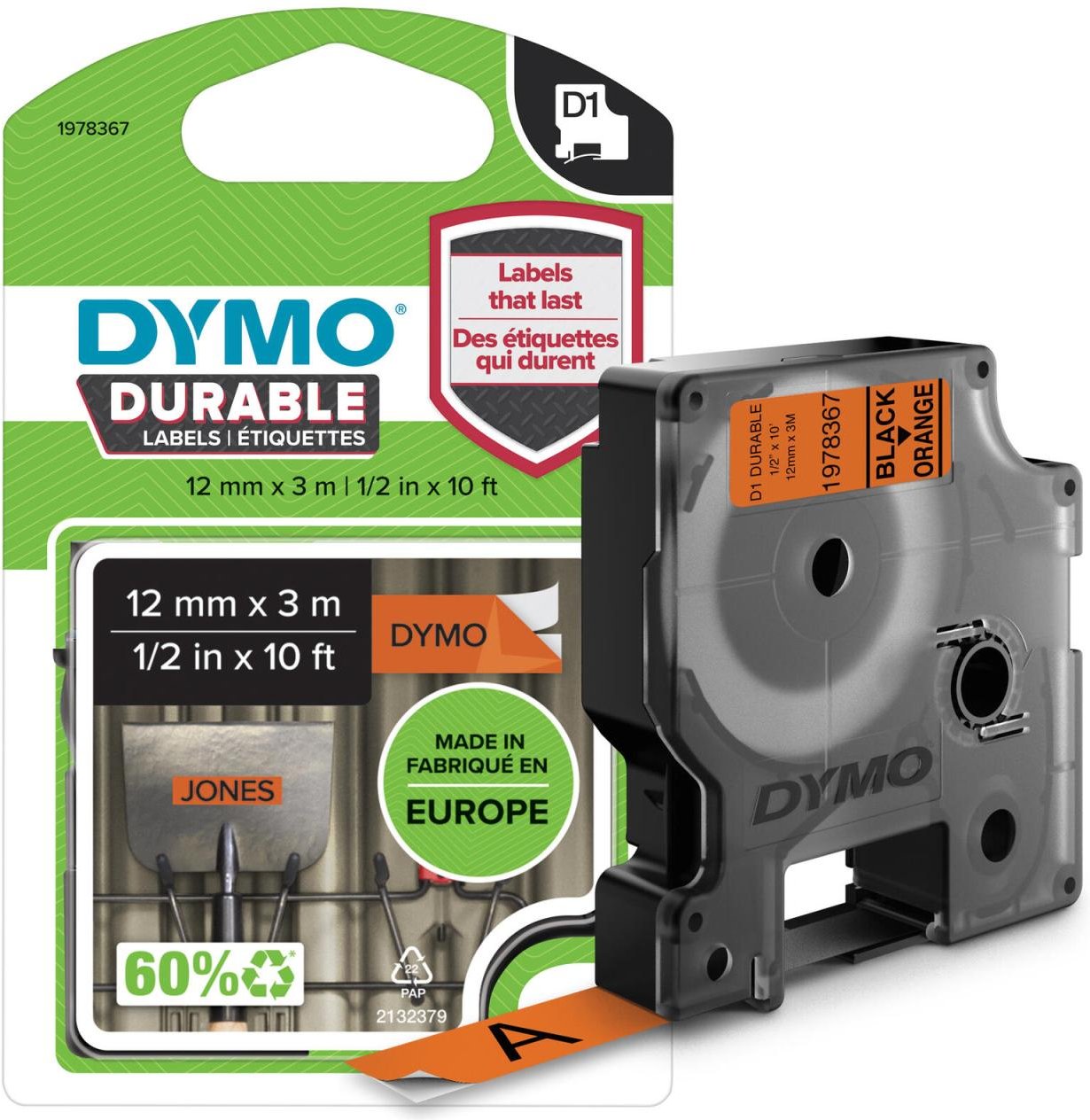 DYMO® Original D1-Schriftband "Hochleistung" für LabelManager™ 12mm x 3m - Polyester, permanent haftend - schwarz auf o