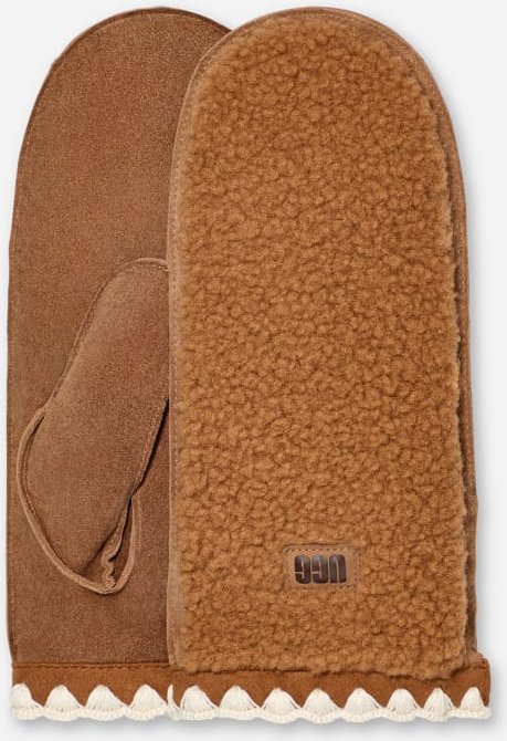 Fäustlinge aus UGG®fluff mit Muschelrand für Damen in Brown, Größe S/M, Leder/Fleece
