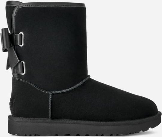 UGG® Classic Short Bailey Leather Bow Boot für Damen in Black, Größe 38, Veloursleder
