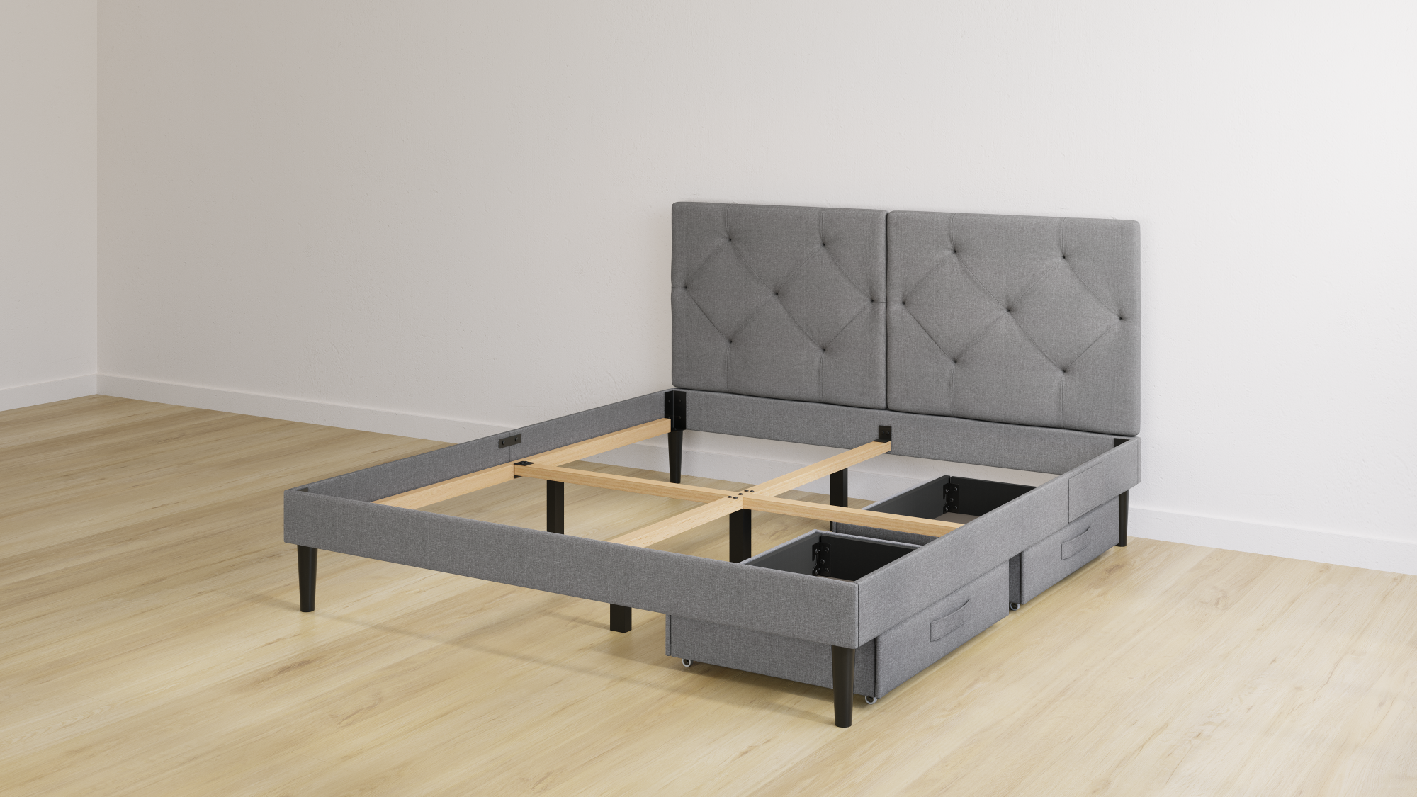 Emma Classic Polsterbett 200x200 - dunkelgrau - Füße schwarz - Kopfteil gesteppt - ohne Lattenrost - 2 Schubladen