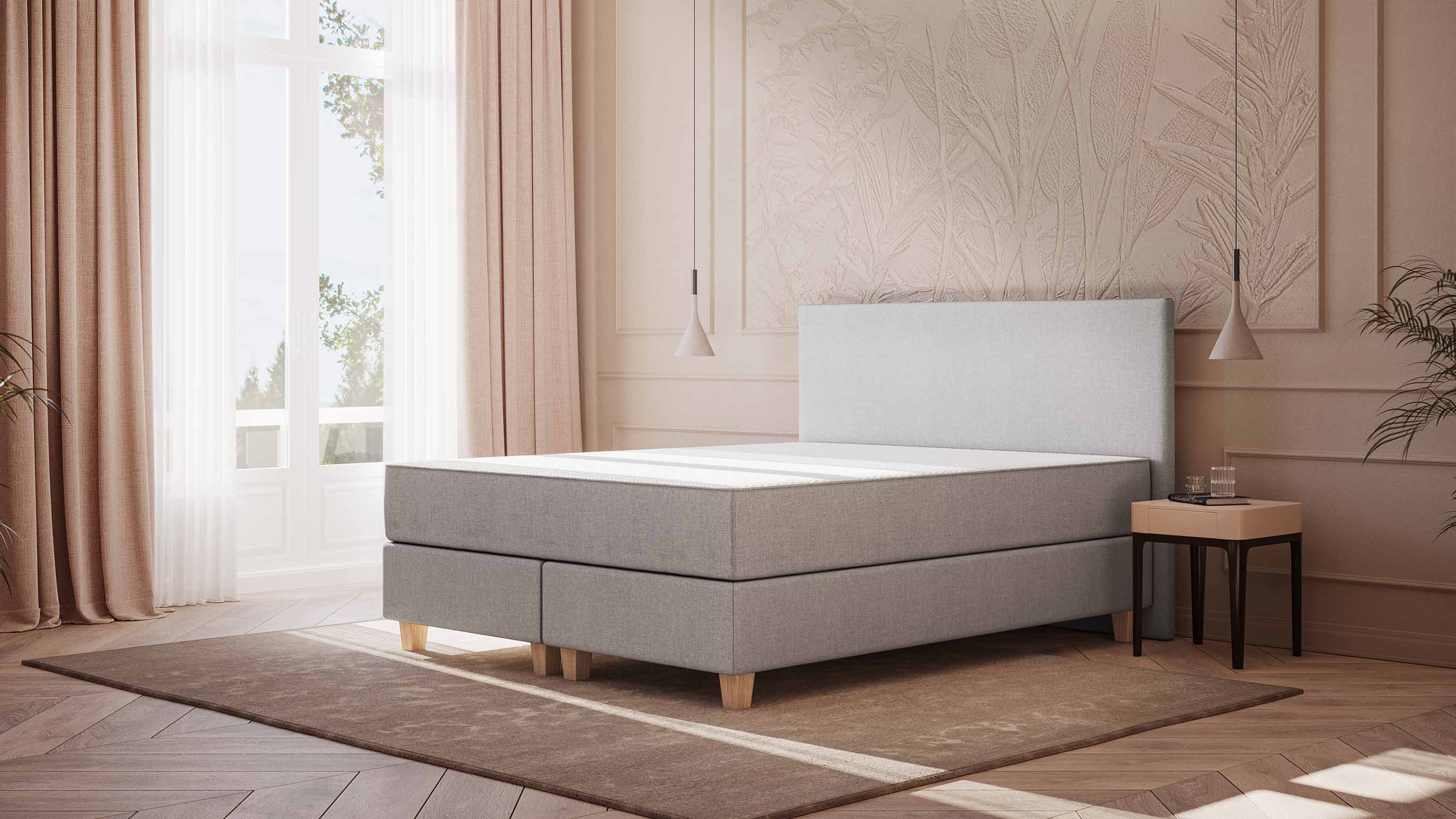 Emma Original Boxspringbett Komfort 140x200 cm - hellgrau - Füße Holz - Kopfteil klassisch