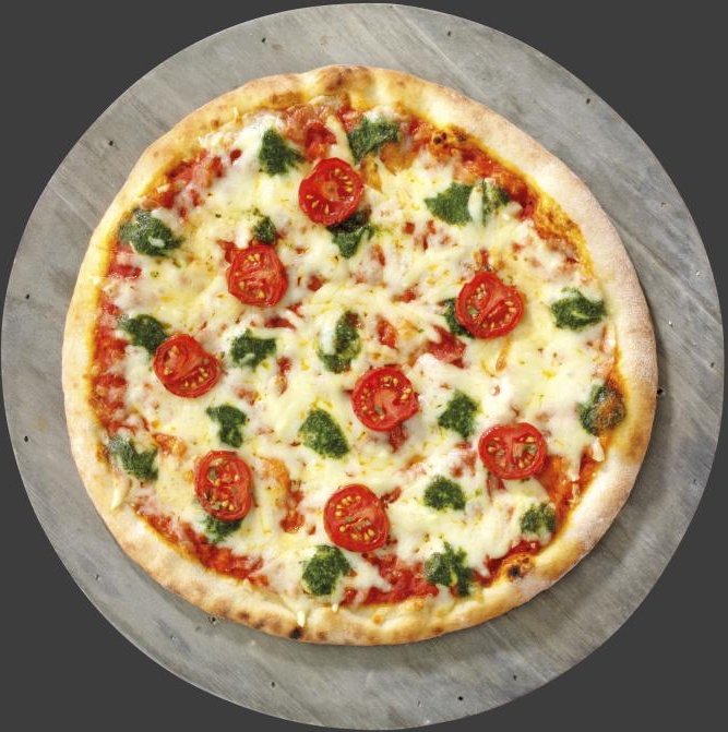 Pizza Basilikum-Tupfen und Käse