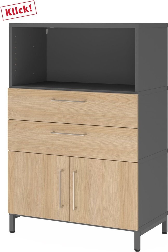 FlexWall | 3 OH | Türen + Schübe + Korpus | mit Sockelgestell - Graphit/Eiche