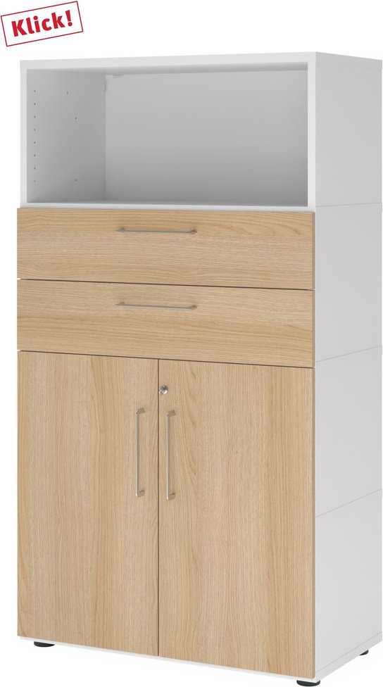 FlexWall | 4 OH | Türen + Schübe + Korpus | mit Stellfüßen - Weiß/Eiche