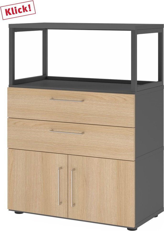 FlexWall | 3 OH | Türen + Schübe + Rahmen | mit Stellfüßen - Graphit/Eiche