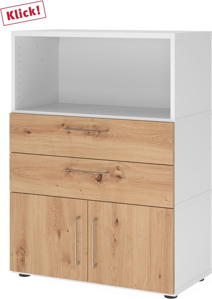 FlexWall | 3 OH | Türen + Schübe + Korpus | mit Stellfüßen - Weiß/Asteiche