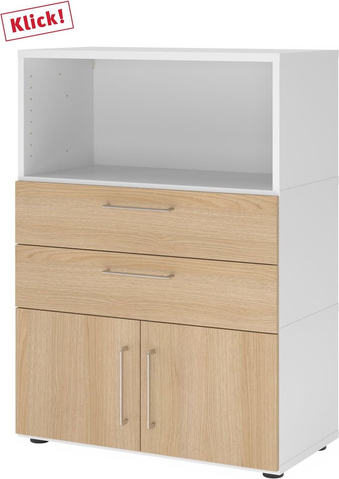 Thumbnail - FlexWall | 3 OH | Türen + Schübe + Korpus | mit Stellfüßen - Weiß/Eiche