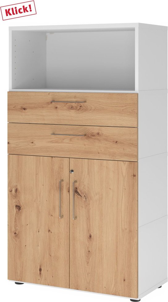 FlexWall | 4 OH | Türen + Schübe + Korpus | mit Stellfüßen - Weiß/Asteiche