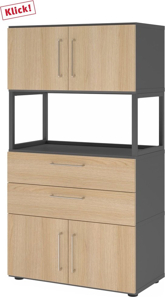 FlexWall | 4 OH | 2 x Türen + Schübe + Rahmen | mit Stellfüßen - Graphit/Eiche