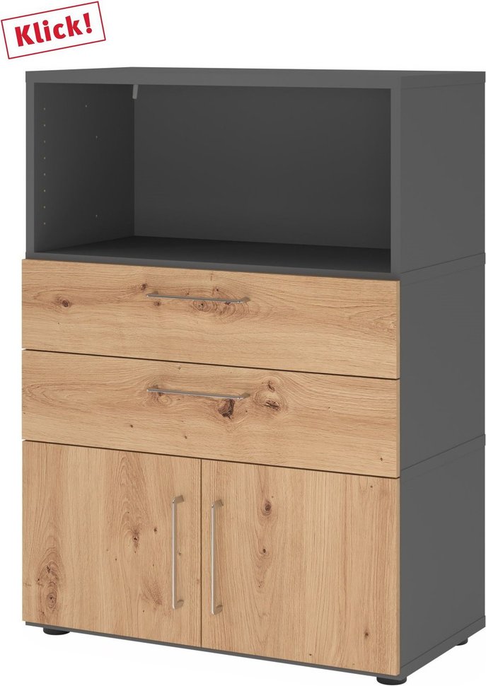 FlexWall | 3 OH | Türen + Schübe + Korpus | mit Stellfüßen - Graphit/Asteiche