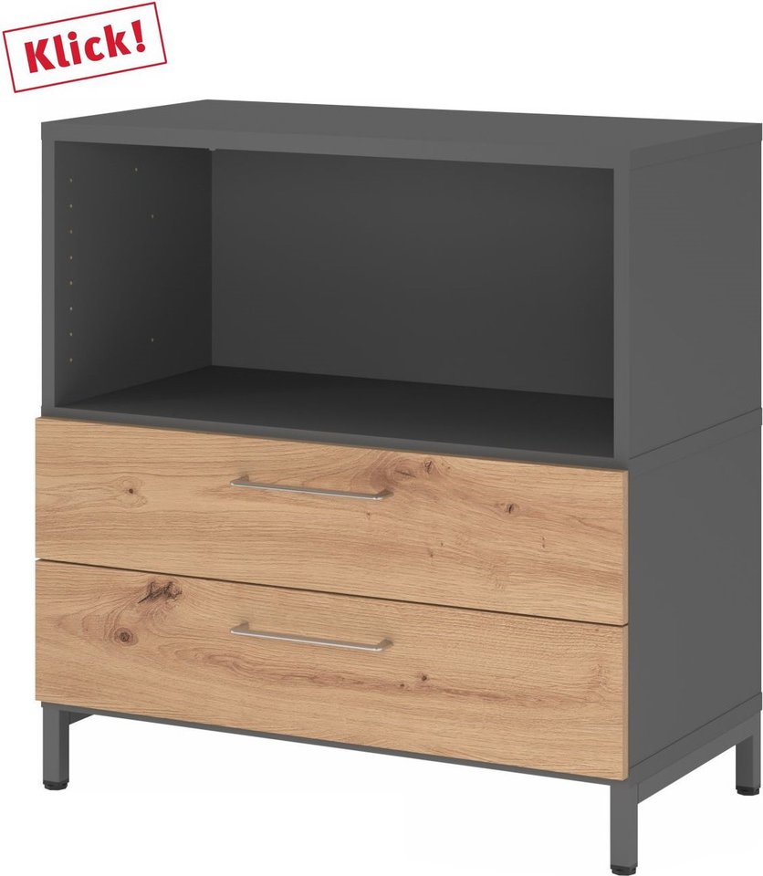 FlexWall | 2 OH | Schübe + Korpus | mit Sockelgestell - Graphit/Asteiche