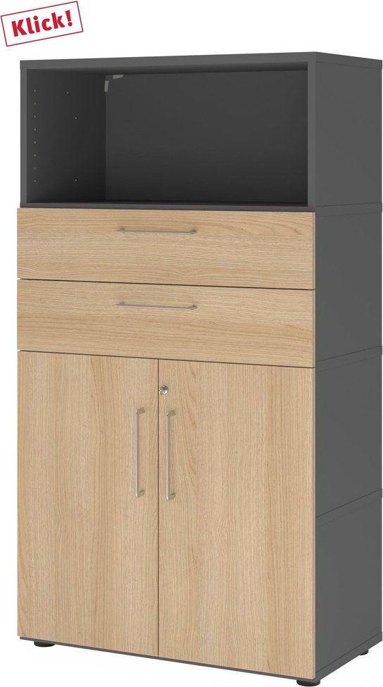 FlexWall | 4 OH | Türen + Schübe + Korpus | mit Stellfüßen - Graphit/Eiche