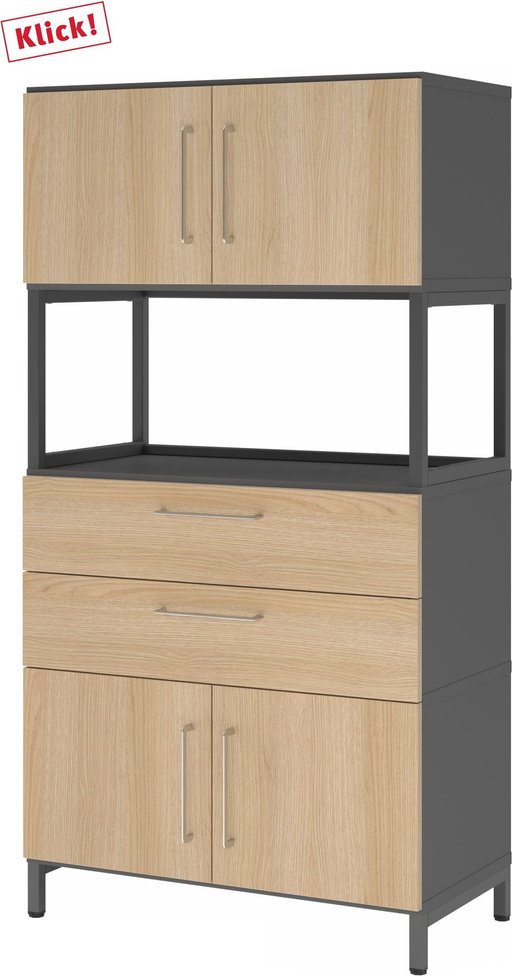 FlexWall | 4 OH | 2 x Türen + Schübe + Rahmen | mit Sockelgestell - Graphit/Eiche