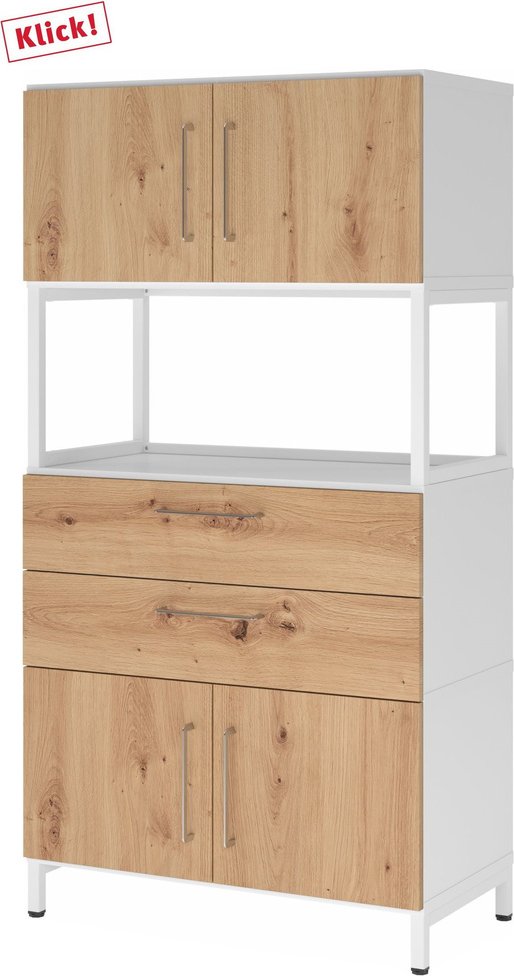 Thumbnail - FlexWall | 4 OH | 2 x Türen + Schübe + Rahmen | mit Sockelgestell - Weiß/Asteiche