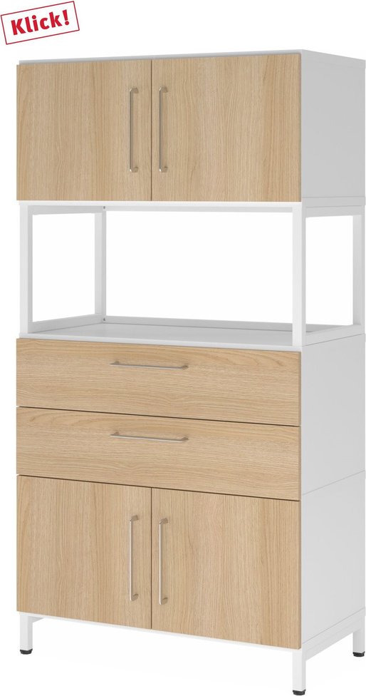 Thumbnail - FlexWall | 4 OH | 2 x Türen + Schübe + Rahmen | mit Sockelgestell - Weiß/Eiche
