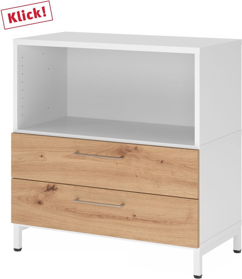 FlexWall | 2 OH | Schübe + Korpus | mit Sockelgestell - Weiß/Asteiche