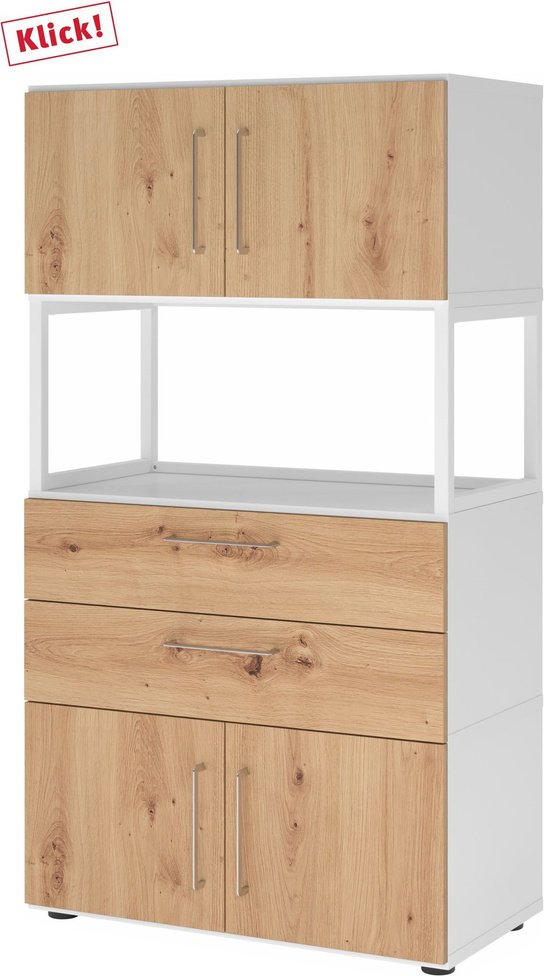 Thumbnail - FlexWall | 4 OH | 2 x Türen + Schübe + Rahmen | mit Stellfüßen - Weiß/Asteiche