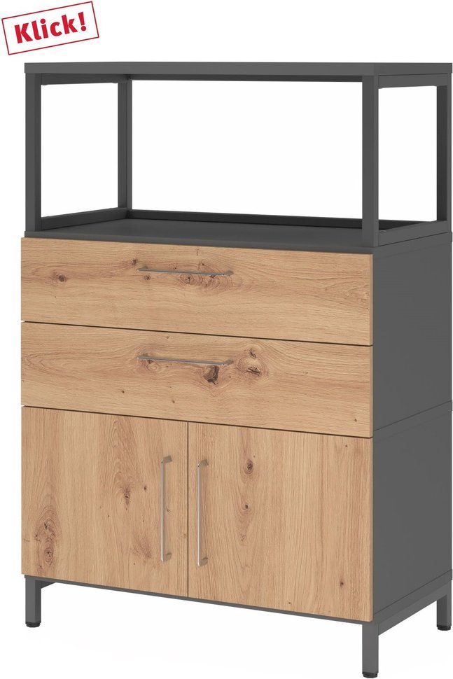 FlexWall | 3 OH | Türen + Schübe + Rahmen | mit Sockelgestell - Graphit/Asteiche