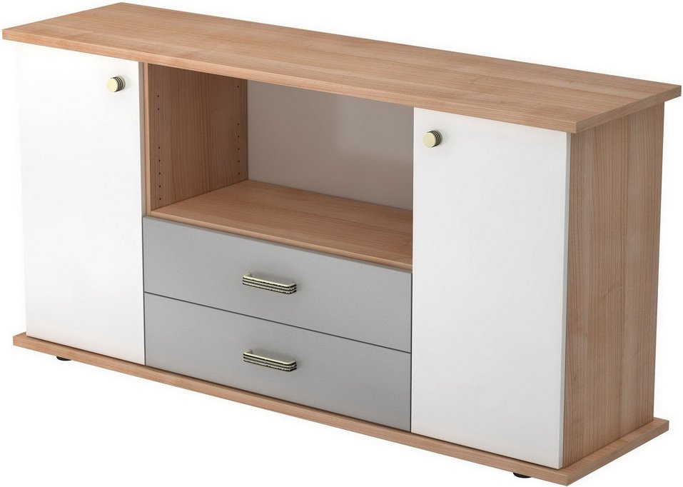 KAPA SB | Sideboard | mit Türen + Schüben - Nussbaum/Weiß Streifengriff Kunststoff