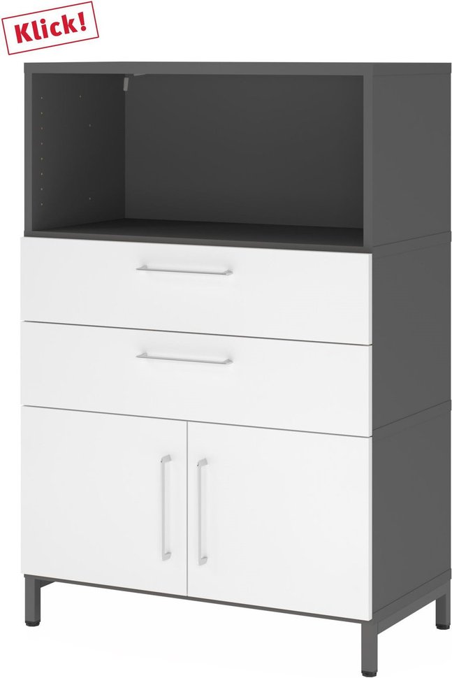 Thumbnail - FlexWall | 3 OH | Türen + Schübe + Korpus | mit Sockelgestell - Graphit/Weiß