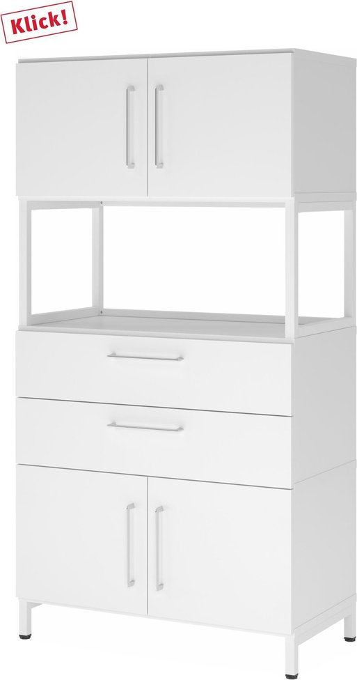 FlexWall | 4 OH | 2 x Türen + Schübe + Rahmen | mit Sockelgestell - Weiß/Weiß