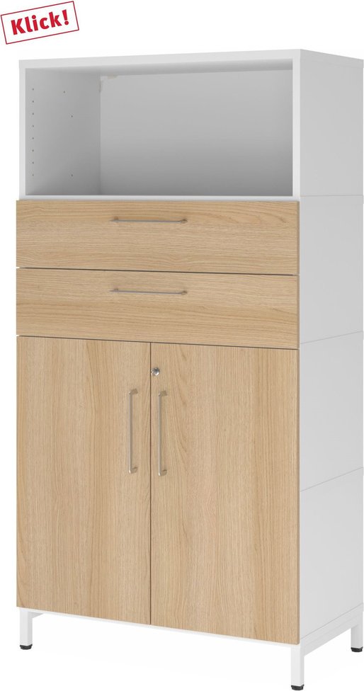 FlexWall | 4 OH | Türen + Schübe + Korpus | mit Sockelgestell - Weiß/Eiche