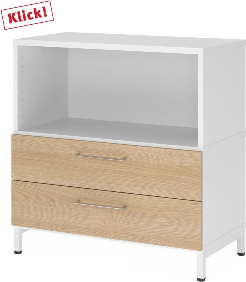 FlexWall | 2 OH | Schübe + Korpus | mit Sockelgestell - Weiß/Eiche