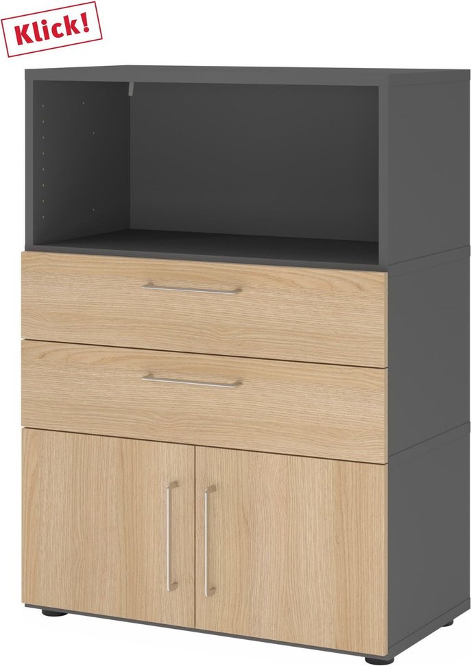 Thumbnail - FlexWall | 3 OH | Türen + Schübe + Korpus | mit Stellfüßen - Graphit/Eiche