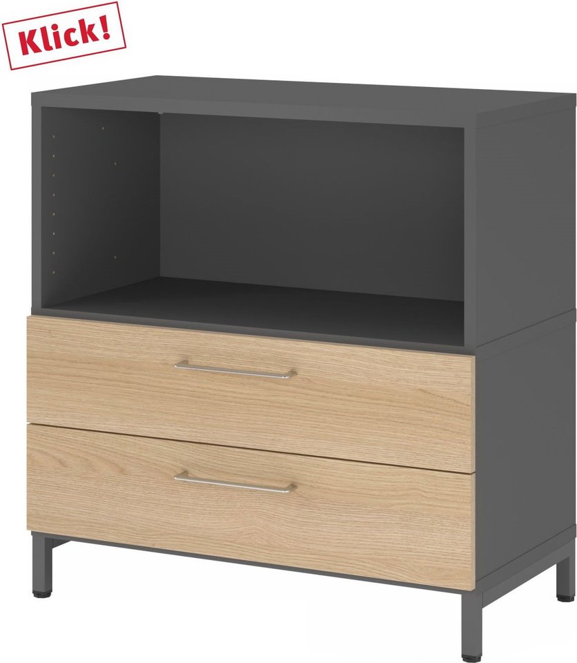 FlexWall | 2 OH | Schübe + Korpus | mit Sockelgestell - Graphit/Eiche