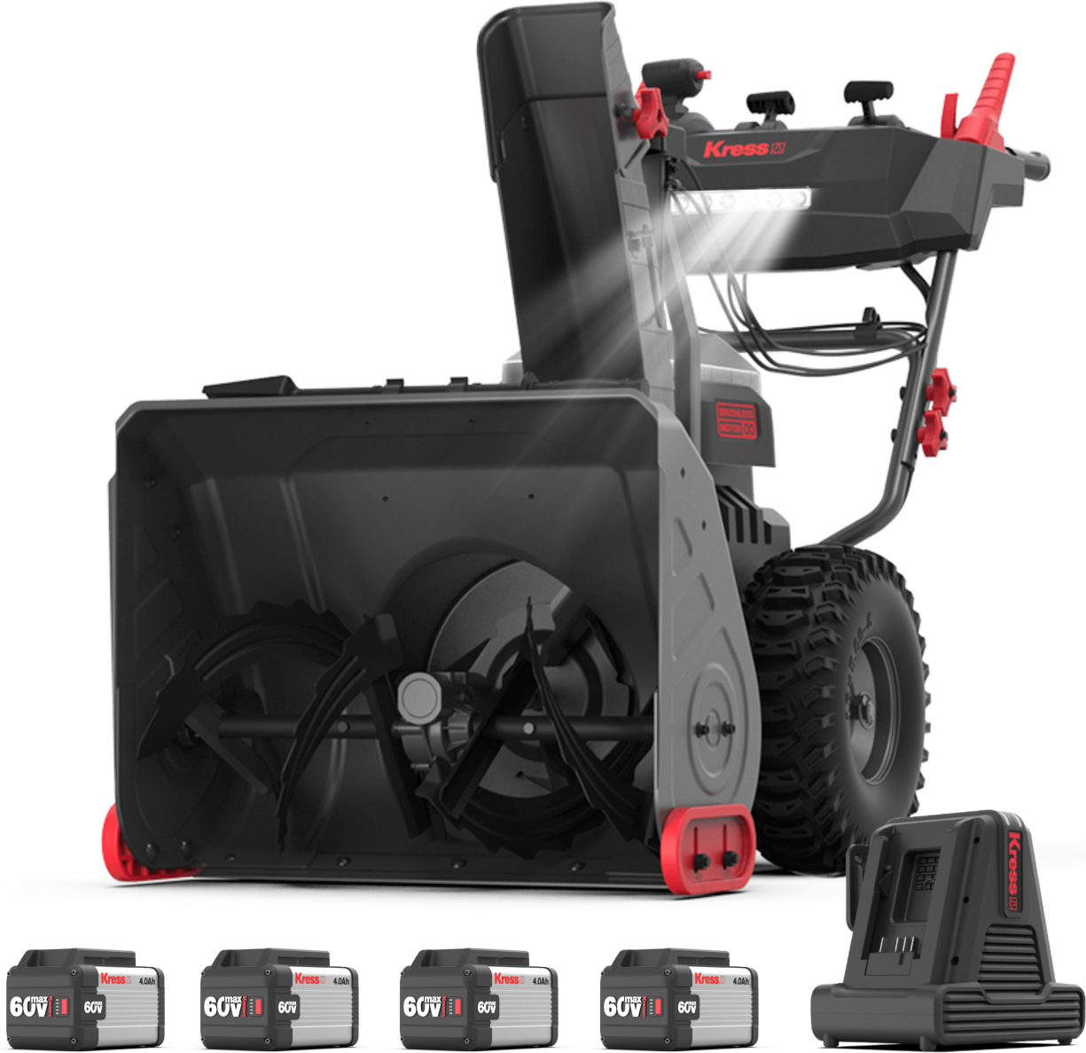 AkkuSchneefräse KG470 60 V Schneeräumer KomplettSet mit 4 x 4.0 Ah Akku + Ladegerät 8 A