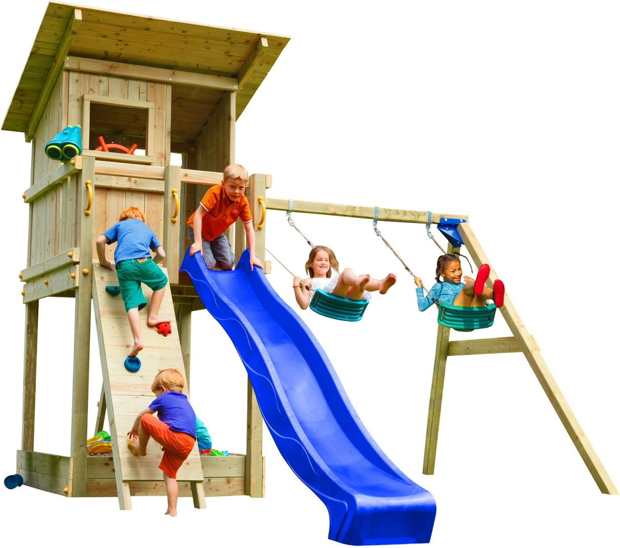 Spielturm BEACH HUT mit Rutsche + Doppelschaukel + Kletterwand Blau 120 m