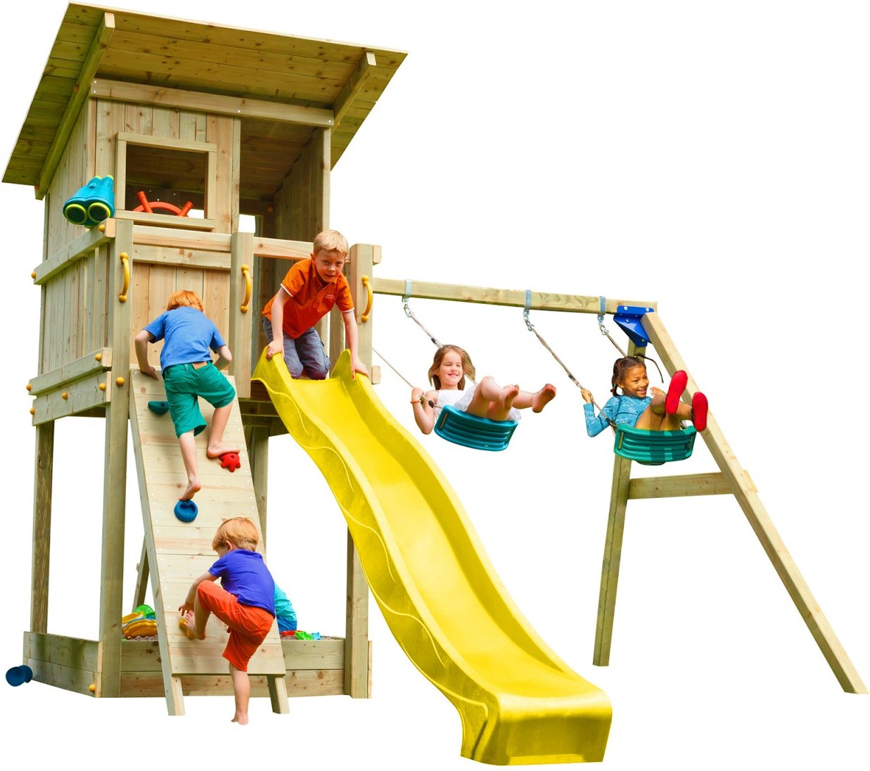 Spielturm BEACH HUT mit Rutsche + Doppelschaukel + Kletterwand Gelb 120 m