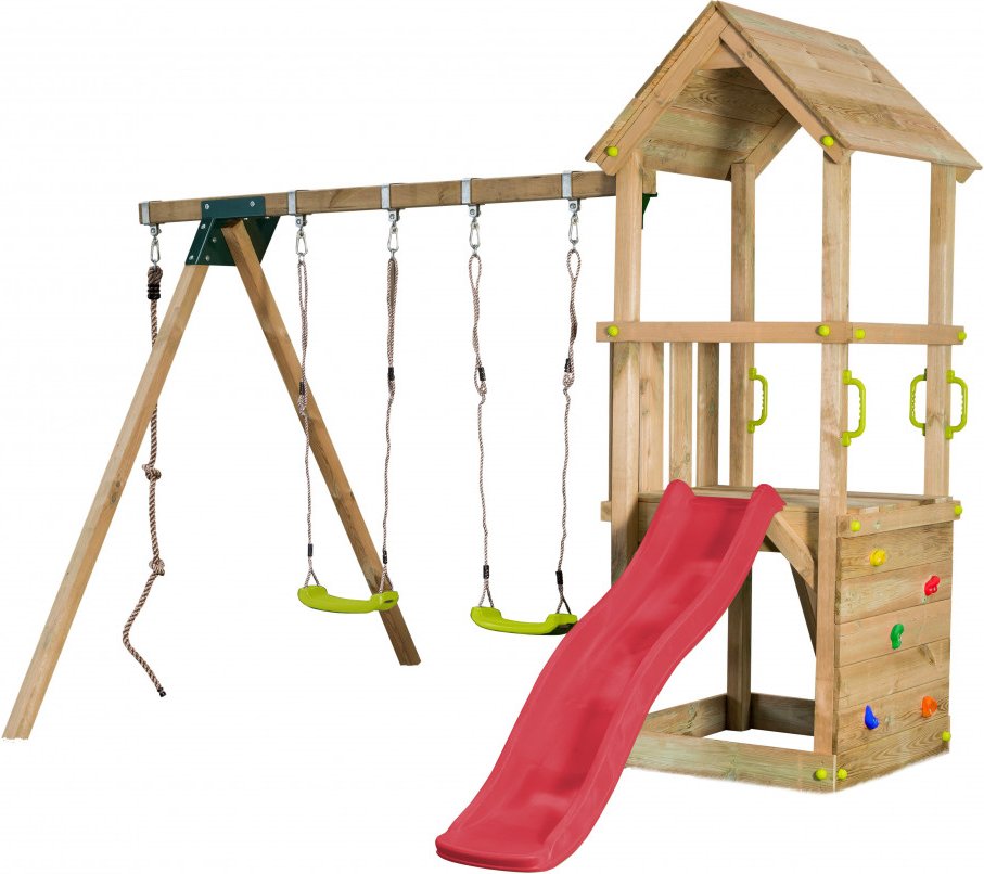Spielturm LOFT mit Rutsche Doppelschaukel Kletterseil und Kletterwand Rot