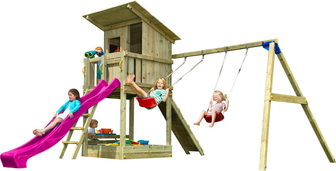 Spielturm BEACH HUT mit Rutsche 290 m + Kletterrampe + Doppelschaukel Pink