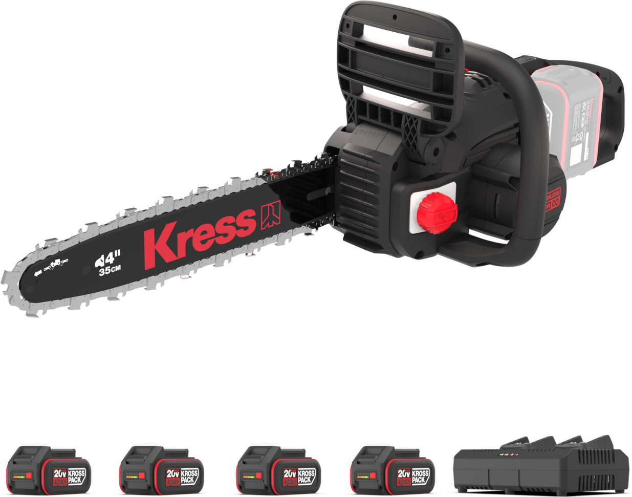 AkkuKettensäge 35 cm KG346 40 V Kettensäge KomplettSet mit 4 x 40 Ah + 1 x Doppelladegerät 4 A