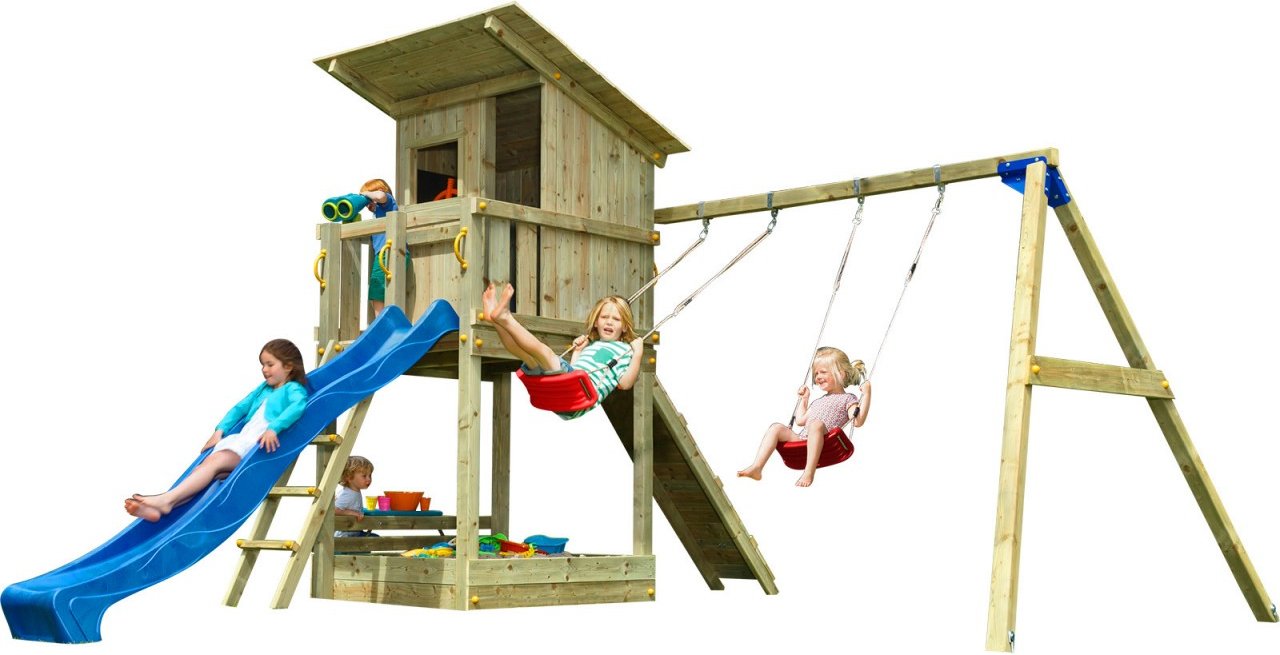 Spielturm BEACH HUT mit Rutsche 290 m + Kletterrampe + Doppelschaukel Blau