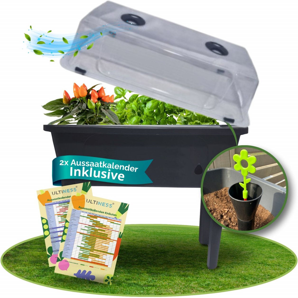 Hochbeet Balkon mit Deckel ANABELL 50 L Wasserstandanzeige Drainage & Belüftung + Aussaatkalender