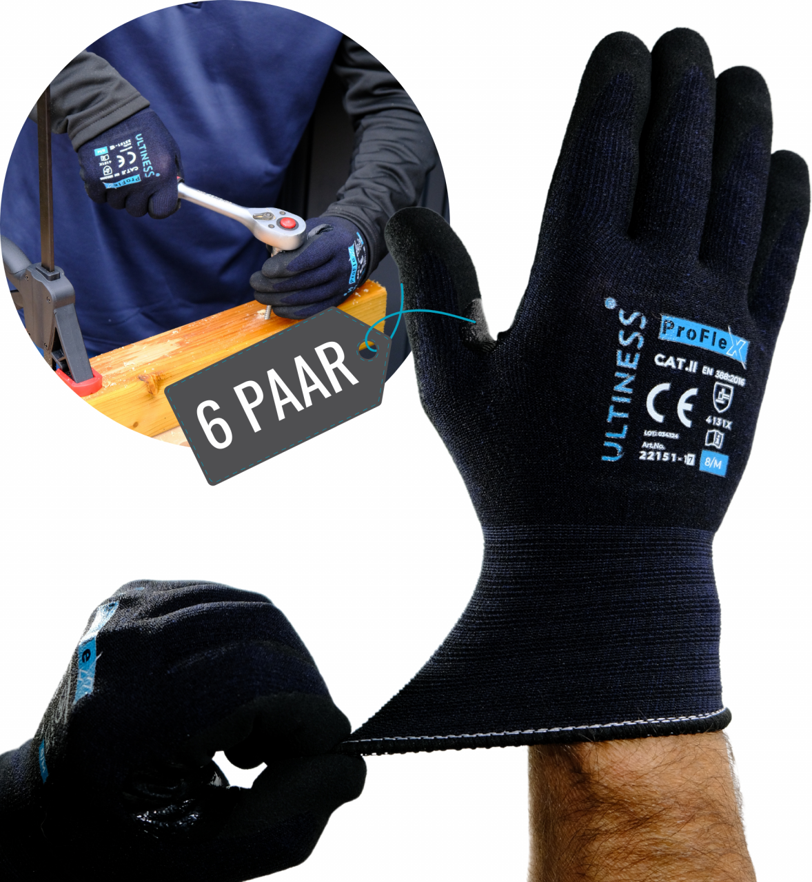 Thumbnail - 6 Paar Arbeitshandschuhe ProFlex Verstärkter Daumenkeil flexibel abriebfest Nitril beschichtet 8 M