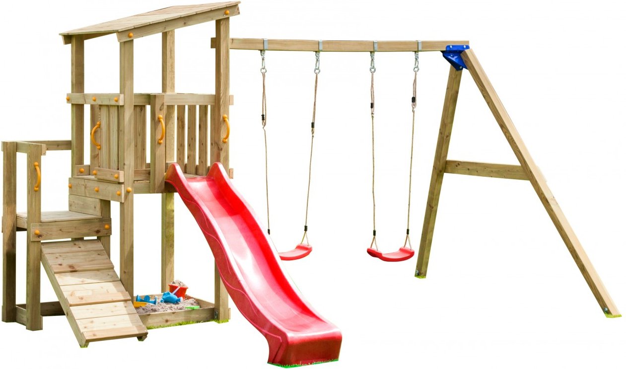 Spielturm CASCADE mit Rutsche 230 m + Doppelschaukel Rot