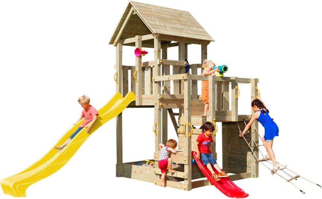 Spielturm PENTHOUSE mit Rutsche 290 m + Babyrutsche + Kletternetz Gelb