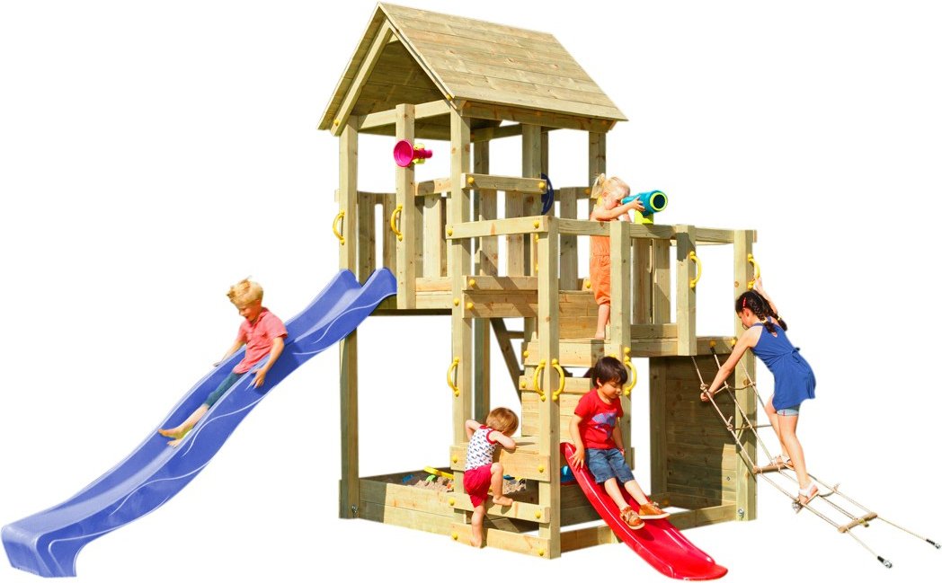 Spielturm PENTHOUSE mit Rutsche 290 m + Babyrutsche + Kletternetz Blau