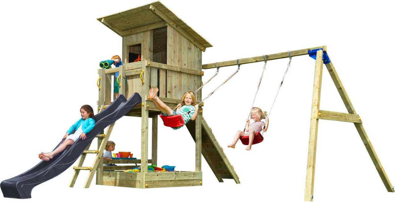Spielturm BEACH HUT mit Rutsche 290 m + Kletterrampe + Doppelschaukel Anthrazit