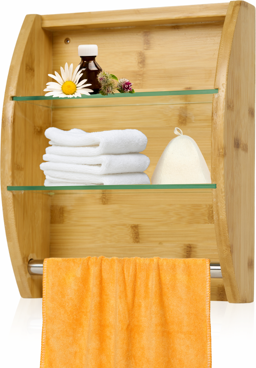 Wandregal Saunaregal aus Nadelholz mit Glaseinlegeböden & Handtuchhalter
