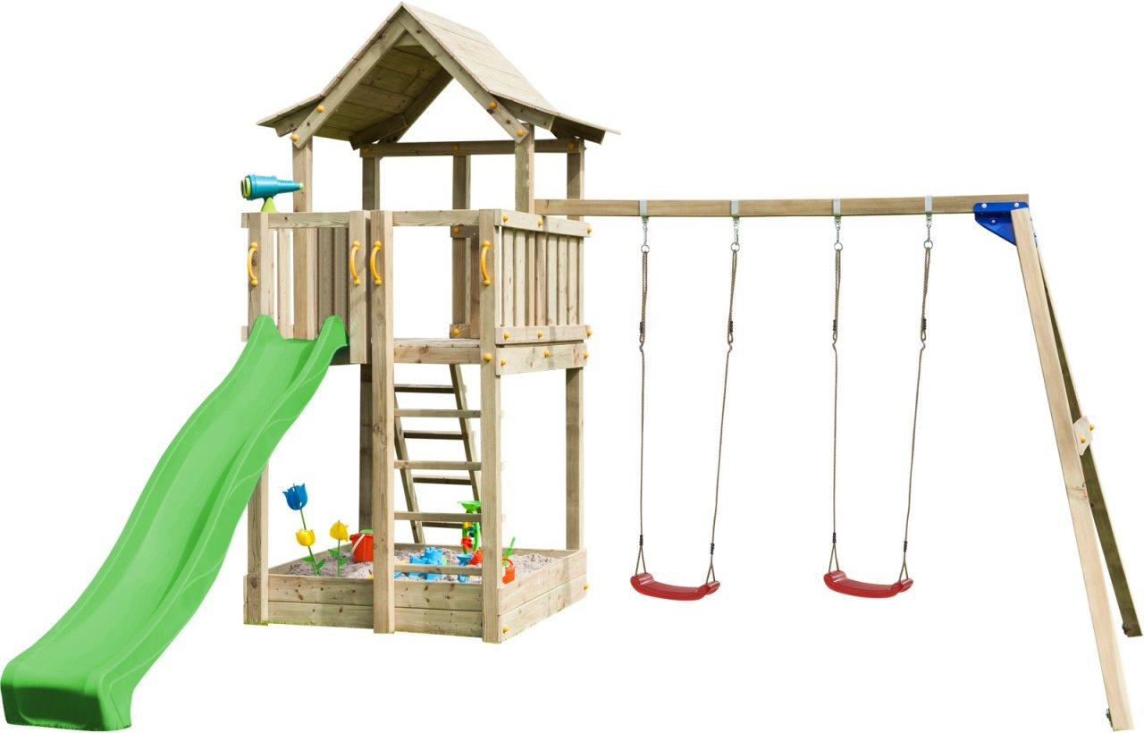 Thumbnail - Spielturm PAGODA mit Rutsche + Doppelschaukel Grün 150 m