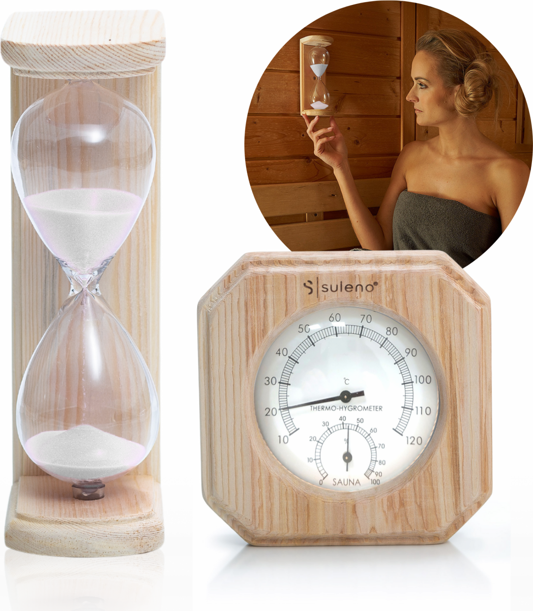 SaunazubehörSet EMMA  2teiliges Set mit Klimamesser und Sanduhr Temperatur und Luftfeuchtigkeit