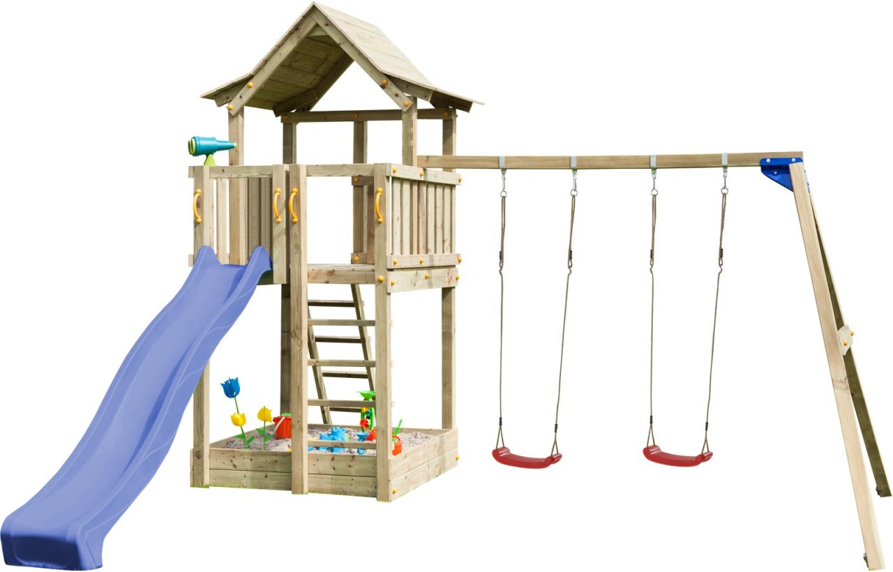 Spielturm PAGODA mit Rutsche + Doppelschaukel Blau 120 m