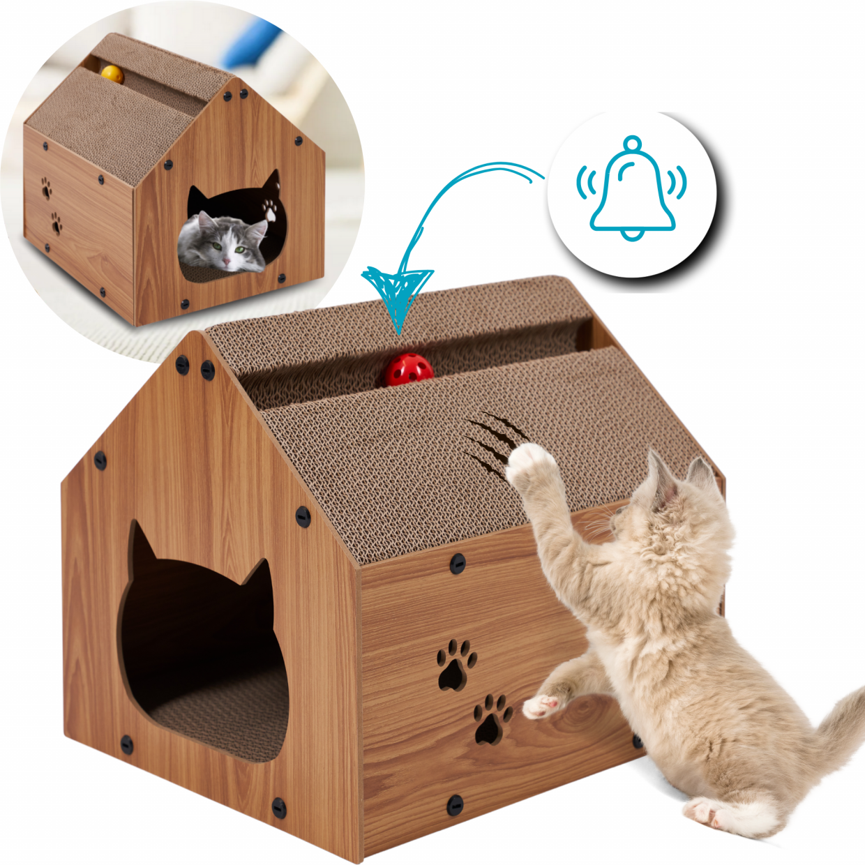 Katzenhaus Kratzhaus KITTY Kratzmöbel mit Kratzpappe für Katzen inkl. 2 Spielbälle