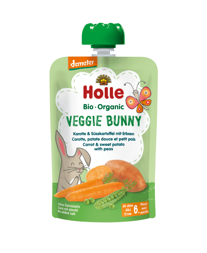 Demeter Veggie Bunny - Pouchy Karotte & Süsskartoffel mit Erbsen ab dem 6. Monat (100g)