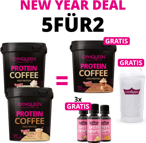 EXKLUSIVER DEAL: 5Für2 Protein Coffee mit GRATIS Potein Coffee + 3x Tasty Drops und Shaker